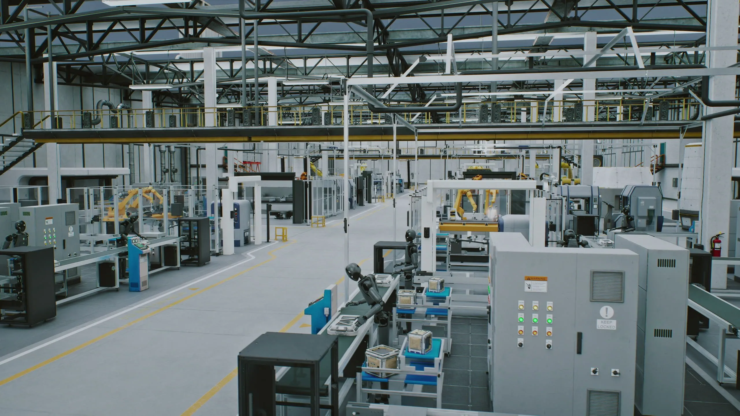Aerial view of an automated factory floor with robotic arms at work